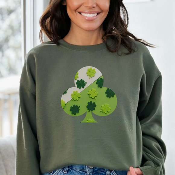 Military Green Shamrock Sweatshirt for Saint Patrick Day Clover Green Sweatshirt - Picture 5 of 9